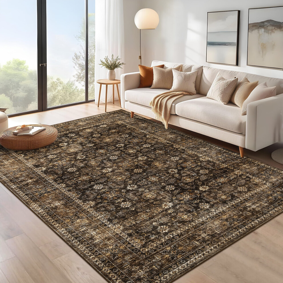 Oriental area rug vintage distressed brown 5'x7'