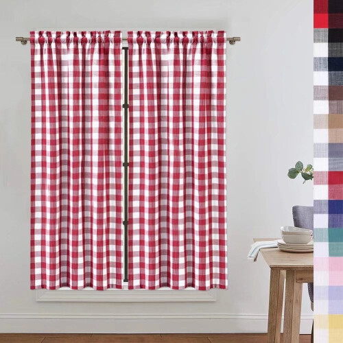 Red White Buffalo Plaid Kitchen Curtains 26"W x 45"L 2