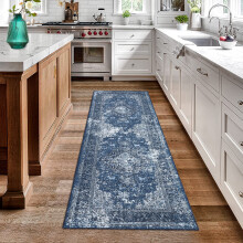 Blue Runner Rug 2' x 6' Washable Vintage Boho