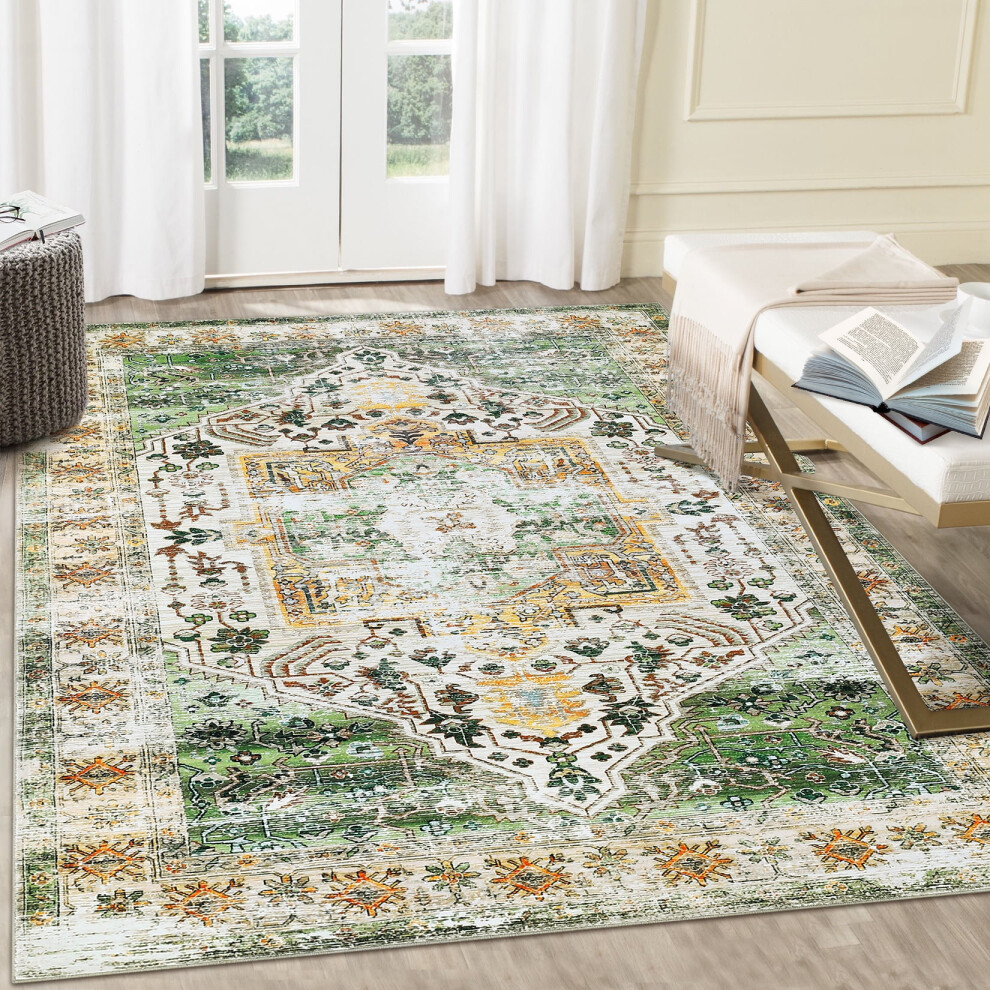 Haperlare washable vintage area rug orange green 4'x6'