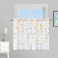 Blue Floral Kitchen Curtains Watercolor Leaf Print Rod