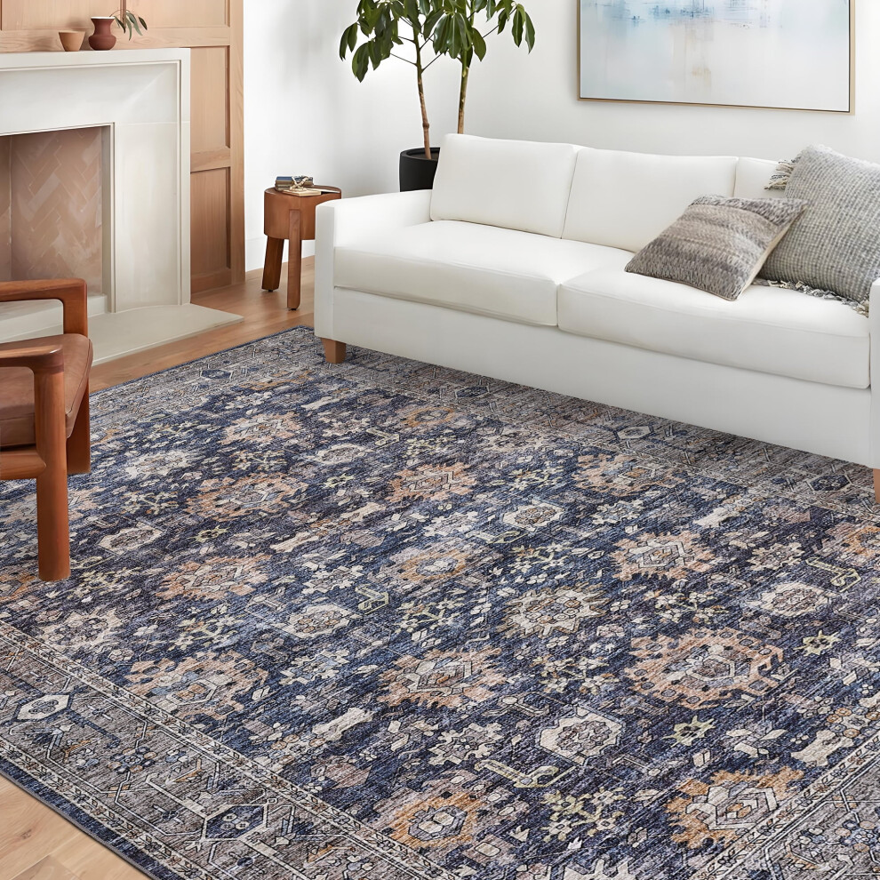 Vintage area rug machine washable 5' x 7' blue