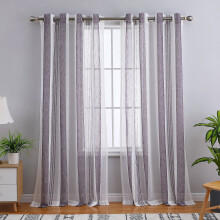 Sheer Stripe Curtains Faux Linen 52" x 95" Purple 2 Panels