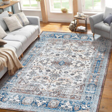 Washable Floral Vintage Area Rug 4x6 ft Blue Beige