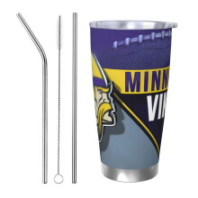 Gobelet isotherme en acier inoxydable 20 oz (590 ml) aux couleurs de l'équipe de football des Vikings, avec couvercle et paille, compatible avec les