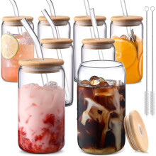 Glass Cups with Lids and Straws 16 oz 8 pcs