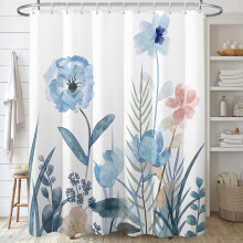 Blue Floral Shower Curtain Set 72x72in with 12 Hooks