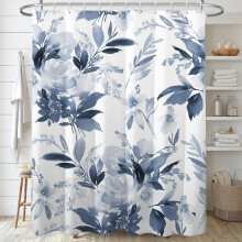 Navy Blue Floral Shower Curtain 72x72 in with 12 Hooks