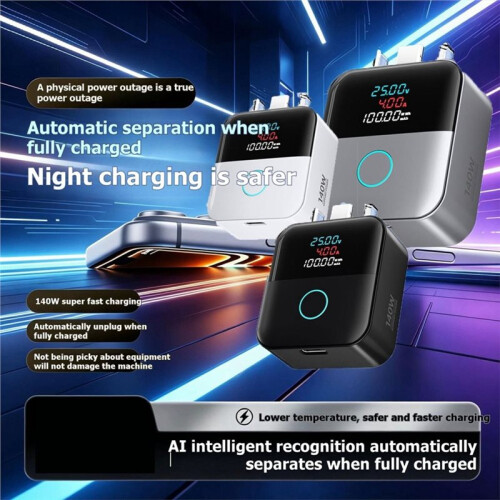 Automatic Cut Off Charging Protecto 140W Overnight Auto-Disconnect Charging Adapter for Type C Electronic Devices Silver