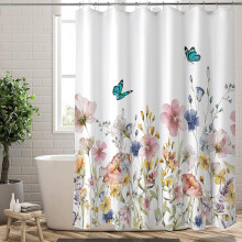 Watercolor Pink Botanical Shower Curtain Set 72x84 in with