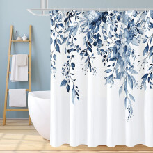 Navy Blue Eucalyptus Shower Curtain Watercolor Plant Design
