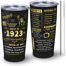 Presente de aniversário de 100 anos para mulheres e homens, copo térmico com canudo e tampa de 20 oz (591 ml) com tema de 1923, inspirado em 1923.