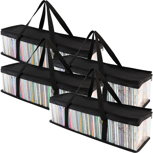 CD storage bags transparent PVC with handles 4 pack