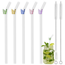 Glass Straws with Cleaning Brush 5 Pcs Butterfly Cherry