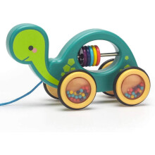 Tartaruga de brinquedo infantil com rodas de borracha, que pode ser empurrada e puxada.