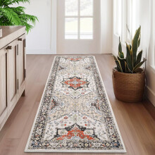Washable Runner Rug Beige 2 ft x 6 ft Vintage Floral