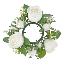 Artificial Rose Wreath with Pillar Candle Holder White