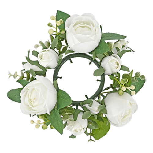 Artificial Rose Wreath with Pillar Candle Holder White