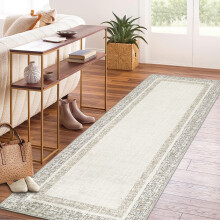 Beige bordered runner rug washable non-slip 2' x 6'