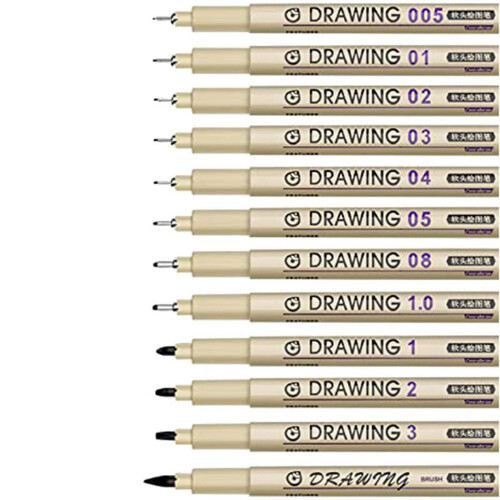 Black Waterproof Ink Markers Set 12 Pieces