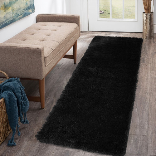 Haperlare modern shag runner rug 2 ft x 8 ft black