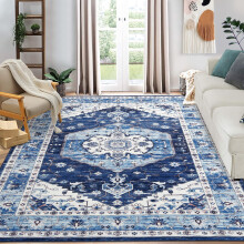 Vintage Boho Area Rug Blue Floral Print 5x7 Ft Low-Pile