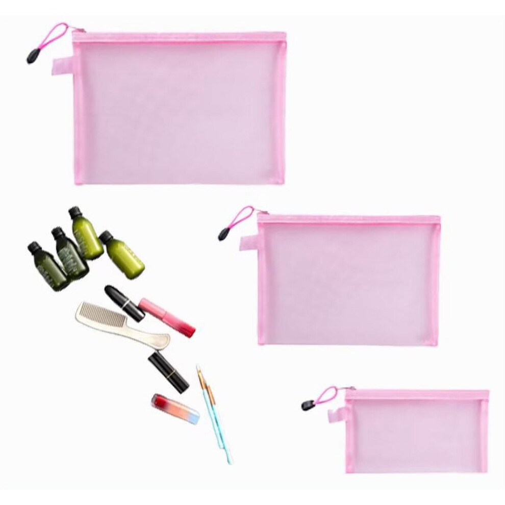 Nylon mesh cosmetic zipper bags pink 3 pcs
