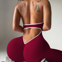 (Burgundy, 8) Contrast Ribbed Casual Fashion Women'S Yoga Bodysuit, Stretchy Comfortable Fitness Exercise Athletic Bodysuit
