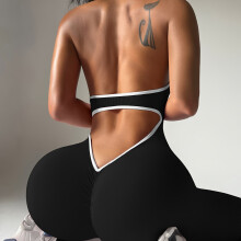 (Black, 8) Contrast Ribbed Casual Fashion Women'S Yoga Bodysuit, Stretchy Comfortable Fitness Exercise Athletic Bodysuit