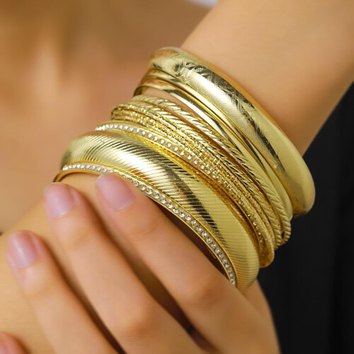 Gold Bangles Set for Women Textured Stackable 9-Piece 2