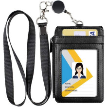 Portatarjetas de identificación con cordón retráctil, 4 ranuras para tarjetas, piel sintética de primera calidad con bolsillo con cremallera,