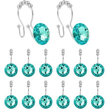 Lot de 12 crochets de rideau de douche en cristal scintillant, anneaux en acier inoxydable ornés de turquoise et de strass pour femmes