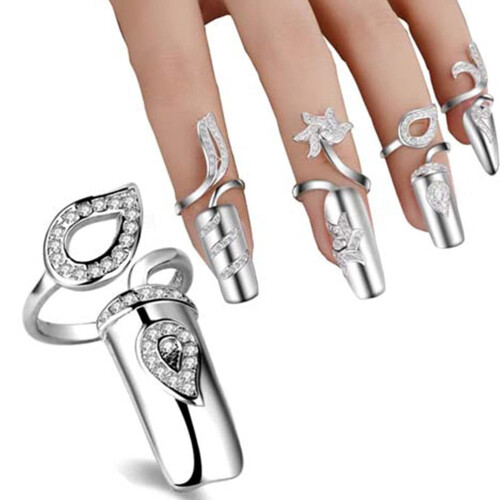 Rhinestone fingernail ring set silver 4 pcs 2