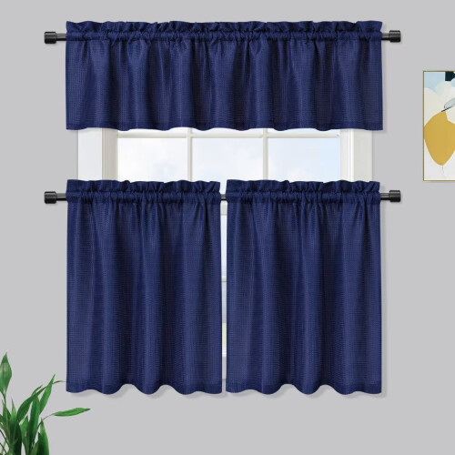 Kitchen Cafe Curtains Navy Blue Waffle Texture Light 1