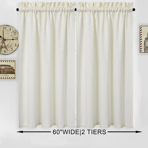 Short Waffle Weave Tier Curtains for Bedroom, Ivory, 2 1