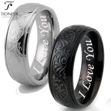 Alliance Tioneer 8 mm en acier inoxydable 316L, motif floral en relief, argent ou noir, confort optimal, gravure « Je t'aime »