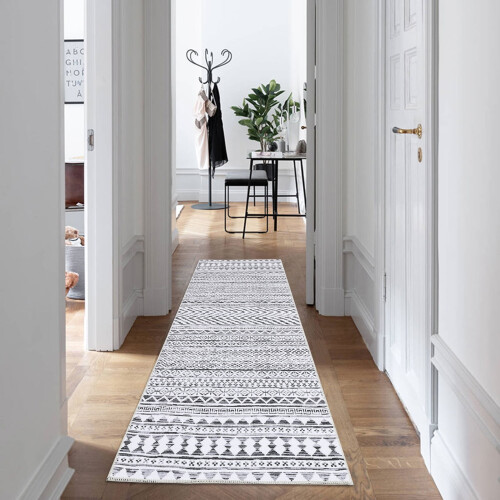 Runner Rug Boho Geometric 2x10 Ft Gray White Washable 1