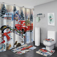 Christmas Shower Curtain Set with Non-Slip Rug and Toilet