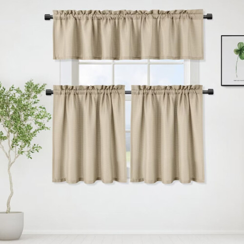 Kitchen Tier Curtains Waffle Texture Light Filtering Taupe 1