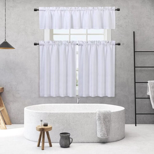 Kitchen Curtain and Valance Set Waffle Weave White 36 inch 1