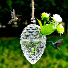 Glass hummingbird feeder pinecone shape pink