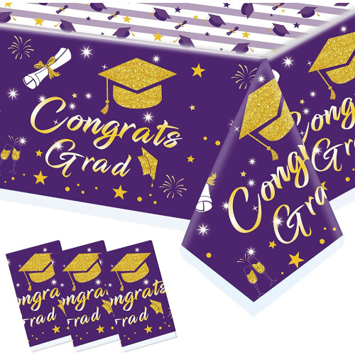 Graduation tablecloth purple gold 54" x 108" 3 pack