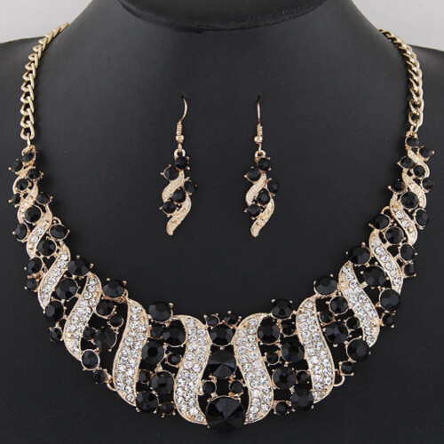 Rhinestone Chain Necklace and Hook Earrings Set Blue 2