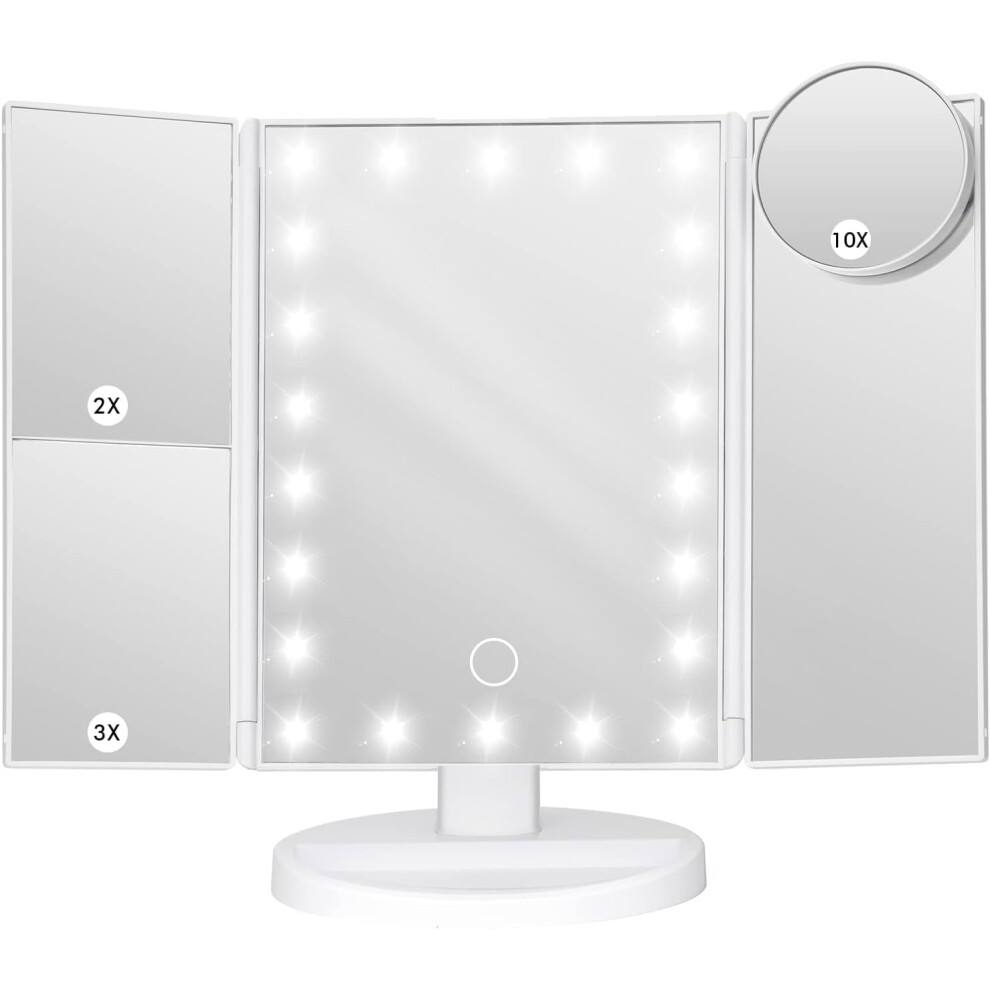 LED makeup mirror with 2X 3X 10X magnification trifold white