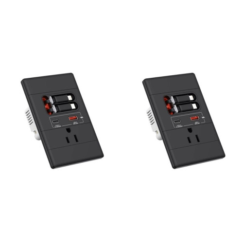 2X Tomada de Parede USB-C com GaN PD20W, USB-C e USB-A, Cabo Retrátil USB-C para Interface para , Resistente A Adulteração, 15A 125V, Preta
