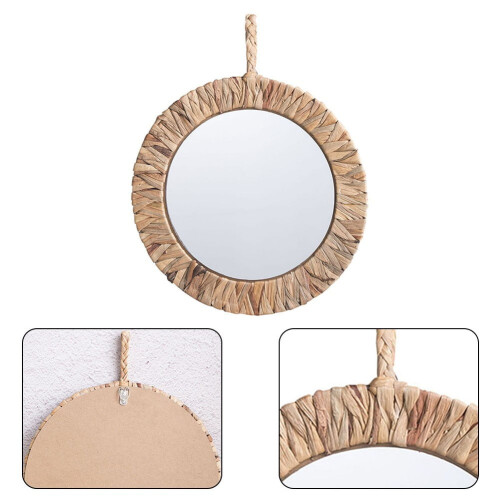 Round hanging wall mirror rattan frame 15 inches 2
