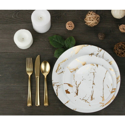 Pratos descartáveis para jantar, branco e dourado, 7 polegadas e 10 polegadas, 40 unidades. 1