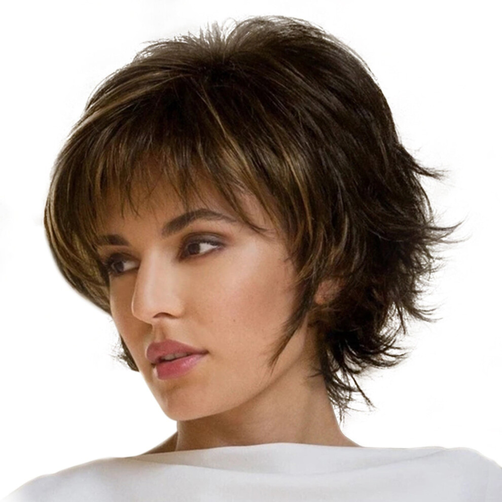 Short Brown Synthetic Wavy Wig for Women with Bangs