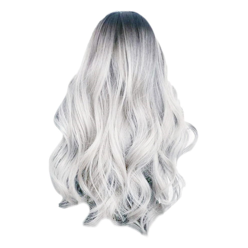 Tkrady women's human hair wig long curly wave gray gradient