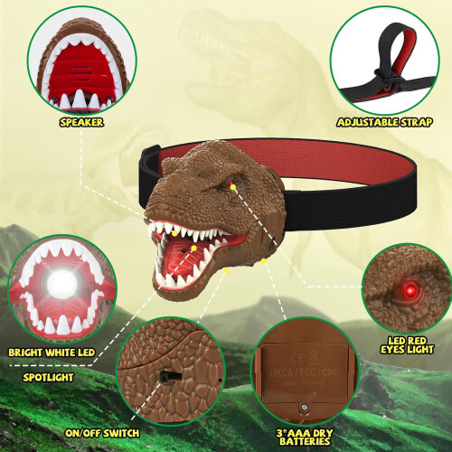 Lanternă frontală LED pentru copii, cu dinozauri, stil T-Rex, pachet de 1 1